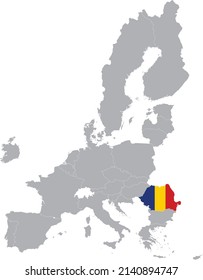 Map of Romania with national flag within the gray map of European Union countries