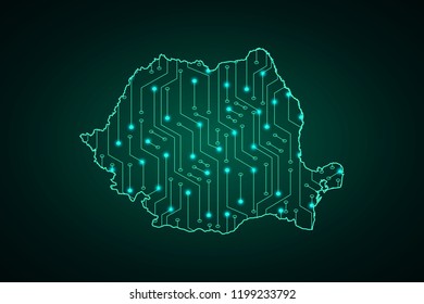 Map of Romania, network line, design sphere, dot and structure on dark background with Map Romania, Circuit board. Vector illustration. Eps 10
