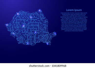 Map Romania from printed board, chip and radio component with blue star space on the contour for banner, poster, greeting card, of vector illustration.