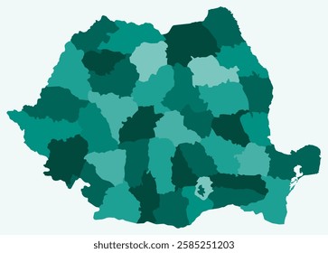 Map of Romania with regions. Just a simple country border map with region division. Teal color palette. Plain Romania shape with administrative division. Vector illustration.