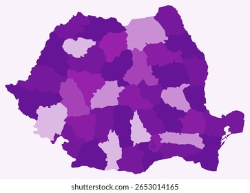 Map of Romania with regions. Just a simple country border map with region division. Purple color palette. Plain Romania shape with administrative division. Vector illustration.