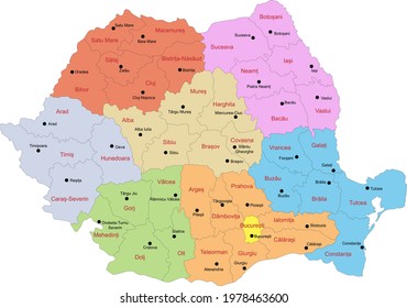 Map of Romania with representation of regions, departments or judets and capitals