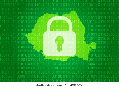 Map of Romania. vector illustration with lock and binary code background. internet blocking,virus attack, privacy protect