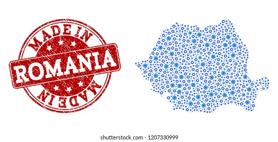Mapa de mosaico de Vector de Rumania y sello Made In grunge. Mapa de Rumania formado con conexiones de engranajes azules. Hecho en sello rojo con textura de goma grunge.