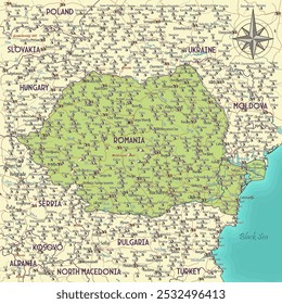Map of Romania vintage fantasy style