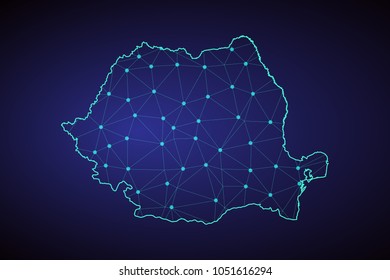 Map of Romania. Wire frame 3D mesh polygonal network line, design sphere, dot and structure. communications map of Romania. Vector Illustration EPS10.