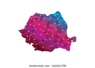 Map of Romania. Wire frame 3D mesh polygonal network line, design sphere, dot and structure. communications map of Romania. Vector Illustration EPS10.