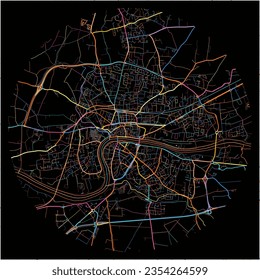 Map of Romans-sur-Isere, Drôme with all major and minor roads, railways and waterways. Colorful line art on black background.