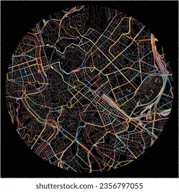 Map of Rome, Lazio with all major and minor roads, railways and waterways. Colorful line art on black background.