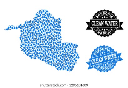 Map of Rondonia State vector mosaic and clean water grunge stamp. Map of Rondonia State formed with blue liquid raindrops. Seal with distress rubber texture for clear drinking water.