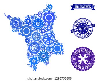 Map of Roraima State created with blue wheel components, and isolated scratched stamps for official repair services.