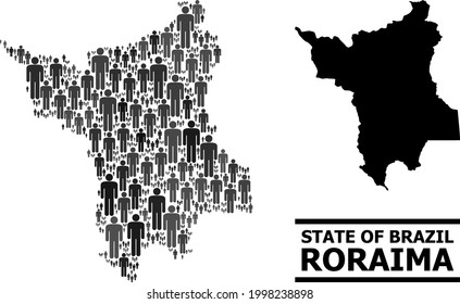 Map of Roraima State for social applications. Vector nation abstraction. Mosaic map of Roraima State constructed of social icons. Demographic scheme in dark gray color shades.