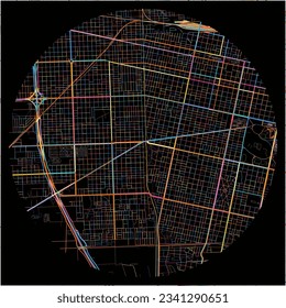 Map of Rosario with all major and minor roads, railways and waterways. Colorful line art on black background.