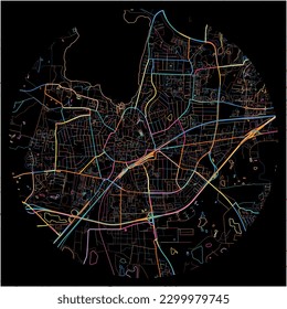 Map of Roskilde with all major and minor roads, railways and waterways. Colorful line art on black background.