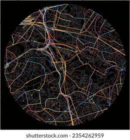 Map of Rosny-sous-Bois, Seine-Saint-Denis with all major and minor roads, railways and waterways. Colorful line art on black background.