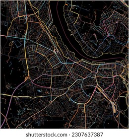 Map of Rostock, Mecklenburg-Western Pomerania with all major and minor roads, railways and waterways. Colorful line art on black background.