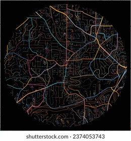 Map of Roswell, Georgia with all major and minor roads, railways and waterways. Colorful line art on black background.