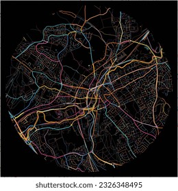 Map of Rotherham, Yorkshire and the Humber with all major and minor roads, railways and waterways. Colorful line art on black background.