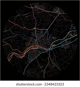 Map of RottenburgamNeckar, Baden-Wuerttemberg with all major and minor roads, railways and waterways. Colorful line art on black background.