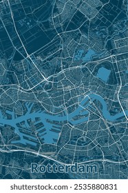 Map of Rotterdam, Netherlands, rendered in a minimalist style. The map features a deep blue background with white lines representing streets, waterways, and other urban features.