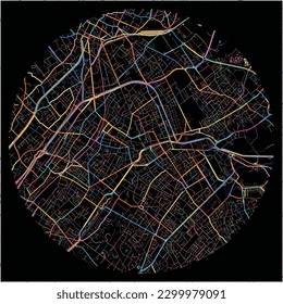 Map of Roubaix, Nord with all major and minor roads, railways and waterways. Colorful line art on black background.