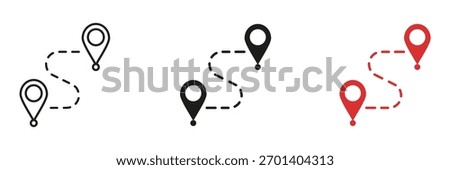 Map Route with Anchored Pin Markers Line and Solid Icon Set. Geolocation Destination with Pointed Tracker Symbol Collection. Isolated Vector Illustration.