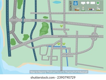 Map of the route from Bangkok to the Map Ta Phut Industrial Estate, with main interchanges highlighted for partial use. The background is primarily green and sea.