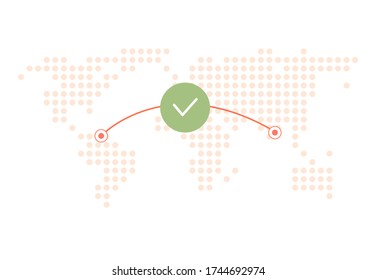 Map, route and checkmark on a green background. Flights are allowed. Vector flat.