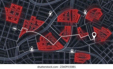 Karte der Route mit Daten über die Entfernung, Drehungen der Route. Blockierte Bereiche, Straßen. Abstrakte Karte mit verstopften Straßen, eingezäunt Abschnitte des Weges. Großer Blick auf die Stadt von oben. Vektorgrafik