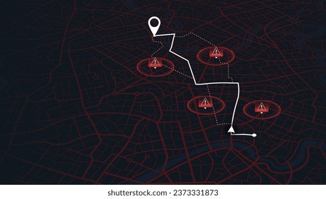 Map of the route with data on the distance, turns of the route. Blocked areas, roads. Abstract map with blocked streets, fenced off sections of the path. Huge view of the city from above. Vector