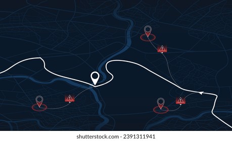 Mapa de la ruta con datos a distancia, giros de la ruta. Áreas bloqueadas, carreteras. Mapa abstracto con calles bloqueadas, cercado de secciones del camino. Enorme vista de la ciudad desde arriba. Vector