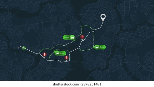 Map of the route with data on the distance, turns of the route. Blocked areas, roads. Abstract map with blocked streets, fenced off sections of the path. Huge view of the city from above. Vector