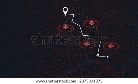 Map of the route with data on the distance, turns of the route. Blocked areas, roads. Abstract map with blocked streets, fenced off sections of the path. Huge view of the city from above. Vector