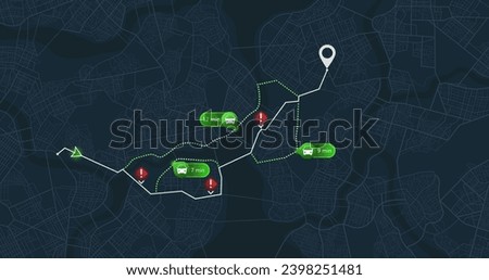 Map of the route with data on the distance, turns of the route. Blocked areas, roads. Abstract map with blocked streets, fenced off sections of the path. Huge view of the city from above. Vector