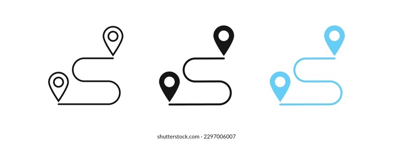 Map route icon. Gps path symbol. Travel signs. Roadmap symbols. Distance, geo pin, start and finish icons. Black, blue color. Vector isolated sign.