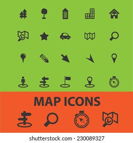 map, route icons, signs, illustrations set, vector
