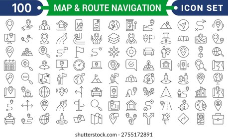 Map and Route Navigation icons in line style. Navigation location route map traffic, pin collection. Editable stroke. Vector illustration.