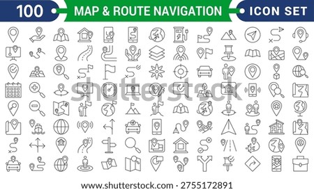 Map and Route Navigation icons in line style. Navigation location route map traffic, pin collection. Editable stroke. Vector illustration.