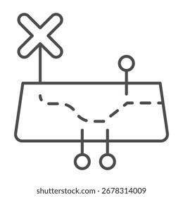 Map with route trail and cross pointer thin line icon, osint analytics concept. Vector graphics. Path with map metrics sign on white background, outline style icon for mobile or web design