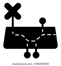 Mapa com trilha de rota e ícone sólido de ponteiro cruzado, conceito de análise pontual. Gráficos vetoriais. Caminho com sinal de métrica de mapa no plano de fundo branco, ícone de estilo de glifo para design móvel ou Web