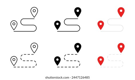 Map route vector icon. Roadmap symbol. Navigation pointer signs. Destination, journey, travel, path, location pin. Distance, geo, highway marker. Itinerary isolated illustration. Red colored style.