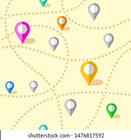 Map, routes, beacons, seamless pattern, color, yellow, vector. Colored beacons on the yellow field. Yellow dotted route. 
