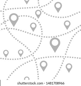 Map, routes, beacons, seamless pattern, monochrome, white, vector. Gray beacons on a white field. Thin dotted route.