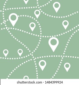 Map, routes, beacons, seamless pattern, monochrome, green, vector. White beacons on a green field. Thin dotted route. 