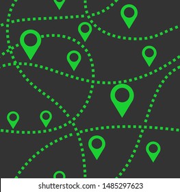 Map, routes, beacons, seamless pattern, color, vector, gray, green. White beacons on a green field. Thin dotted route. 