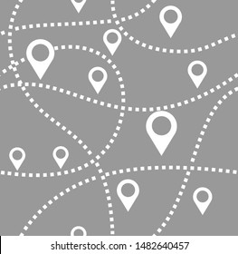 Map, routes, seamless pattern, monochrome, vector. White beacons on a gray field. Thin dotted route. 