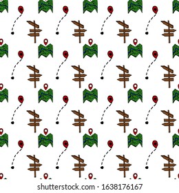 Map, routes, seamless pattern, monochrome, white, vector. Thin dotted route.