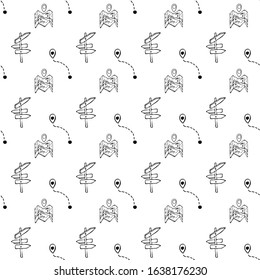 Map, routes, seamless pattern, monochrome, white, vector. Thin dotted route.