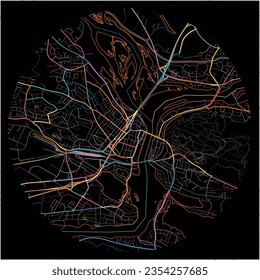 Map of Rovaniemi with all major and minor roads, railways and waterways. Colorful line art on black background.