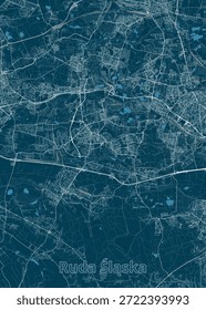Mapa de Ruda Śląska, Polônia. O mapa apresenta um fundo azul escuro com linhas azuis claras representando ruas, estradas e fronteiras geográficas.